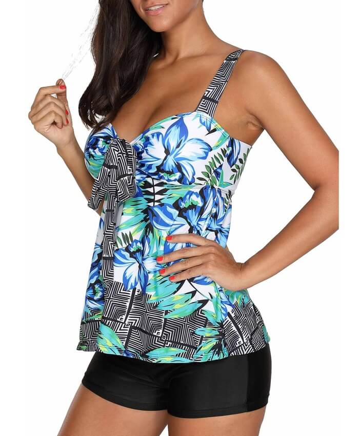 Printed Cutout Back Tankini Top and Shorts